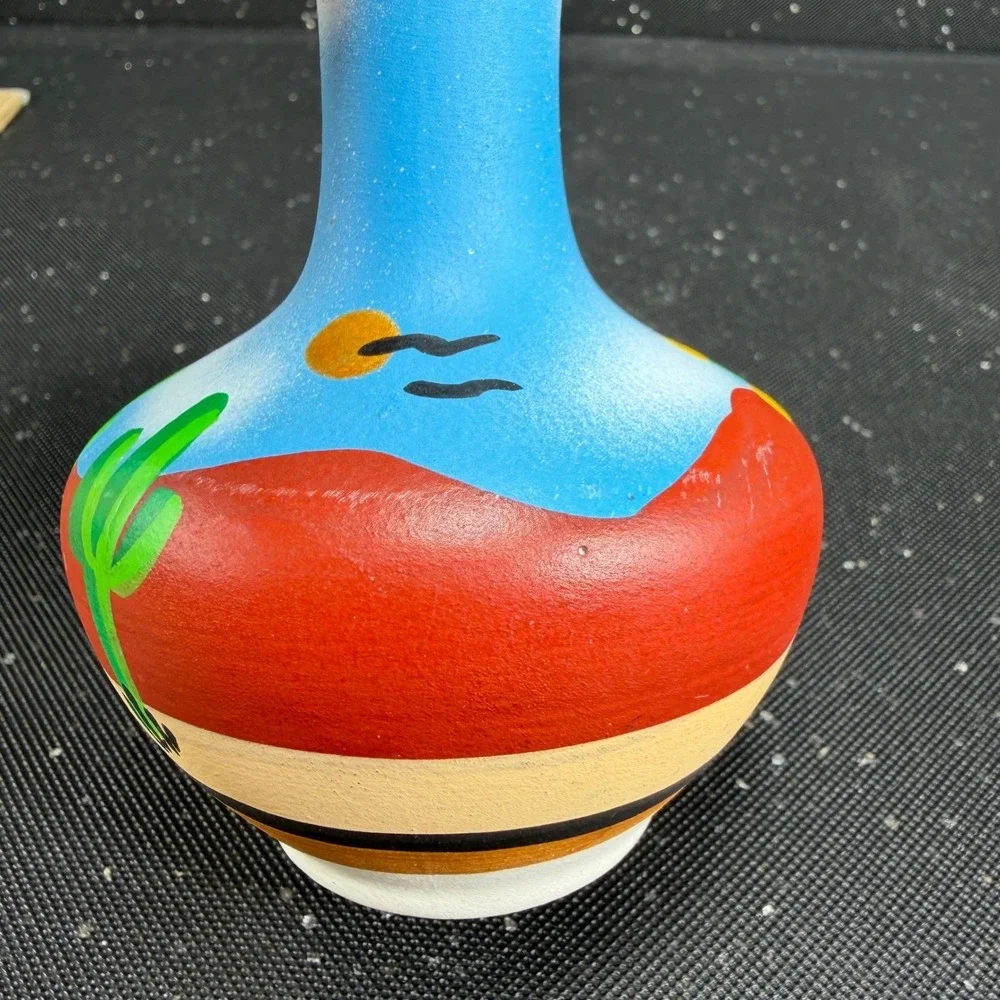 Tesa by Maack Co Desert Landscape Pottery Vase Hand Painted Cactus 5in Blue Red